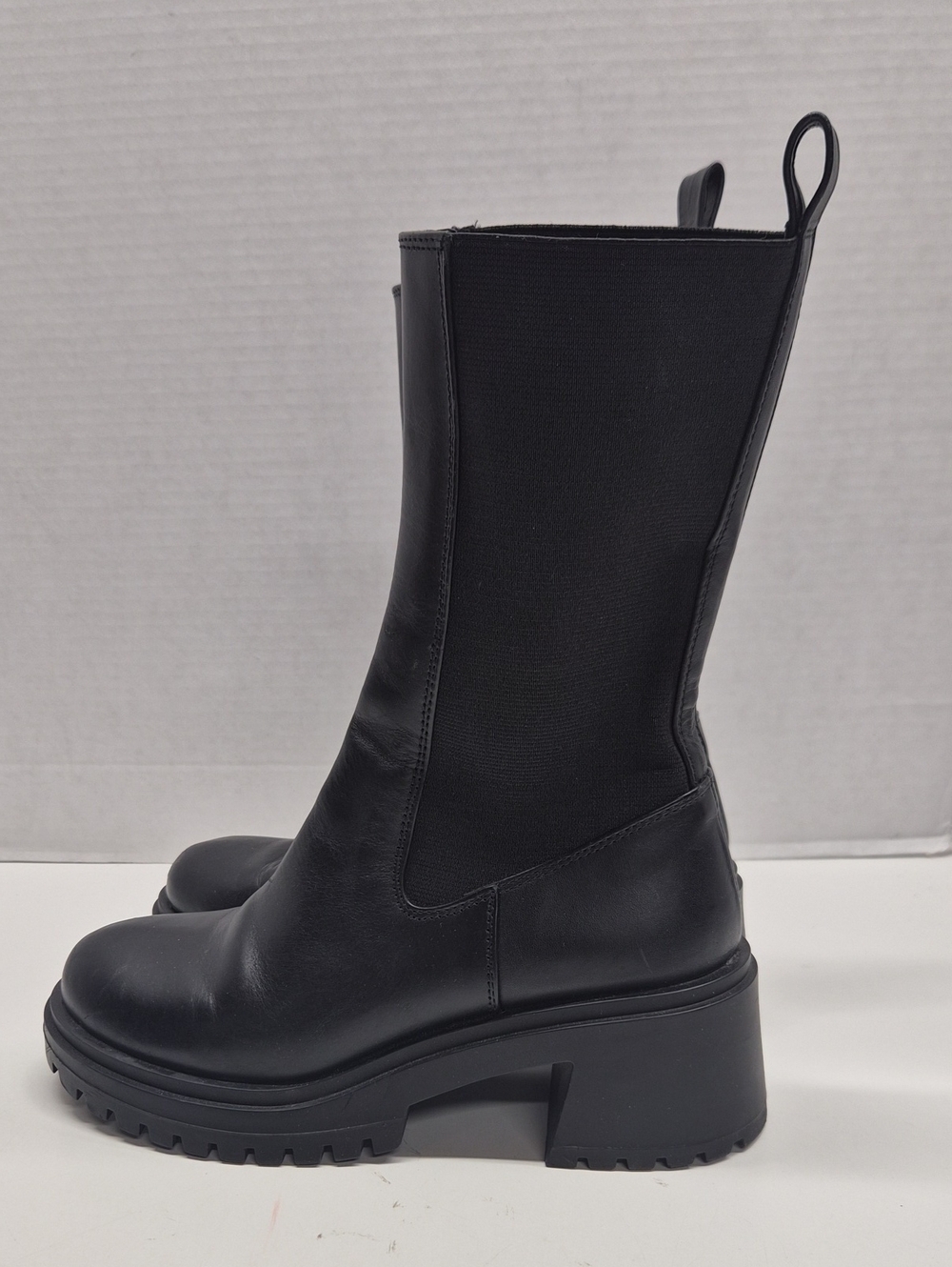 Steve Madden Hesitant Boots Leather Mid Calf Platform Chelsea Boot Black 6.5